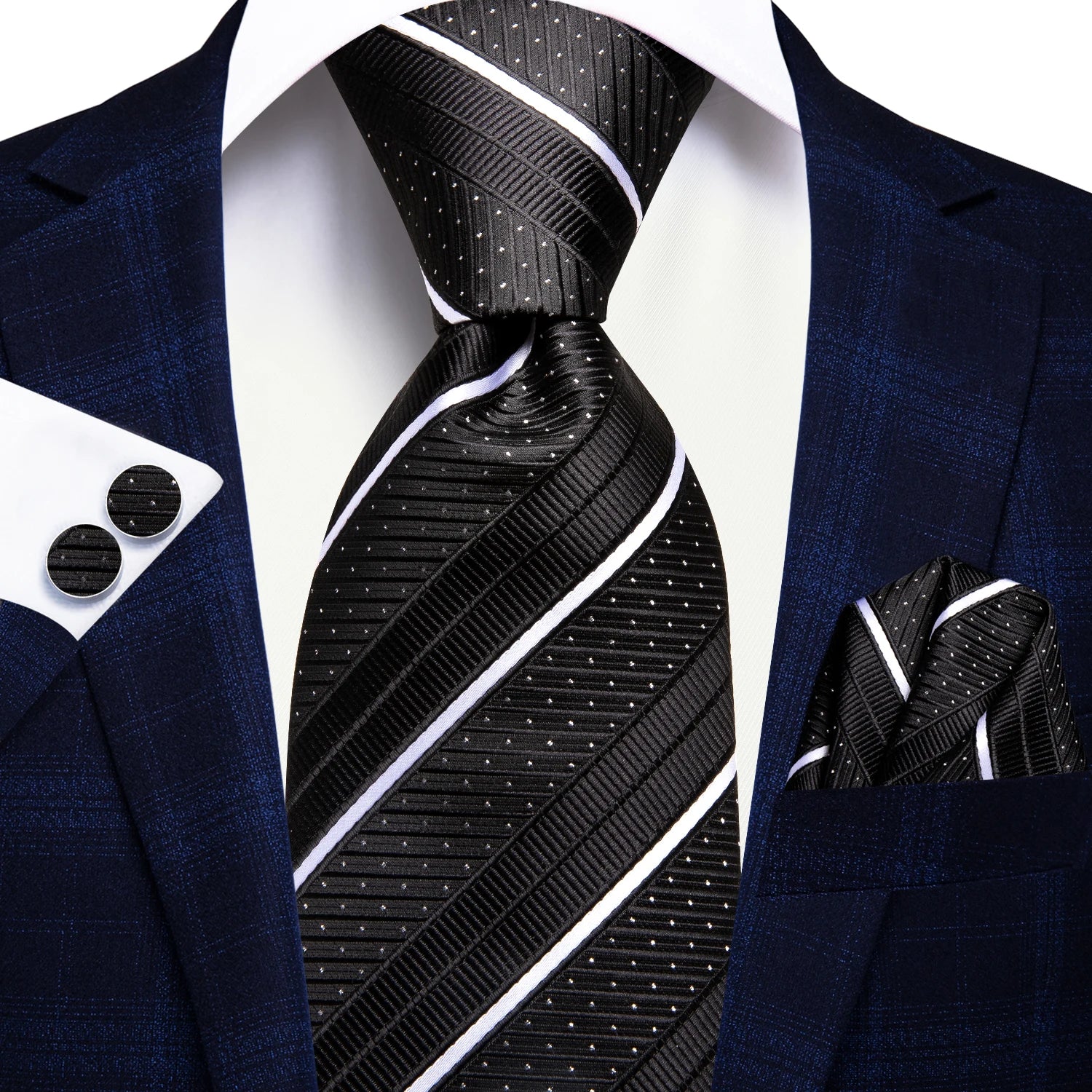 Hi-Tie Men's Striped Silk Necktie Set – Tie, Pocket Square & Cufflinks | Extra Long 170cm