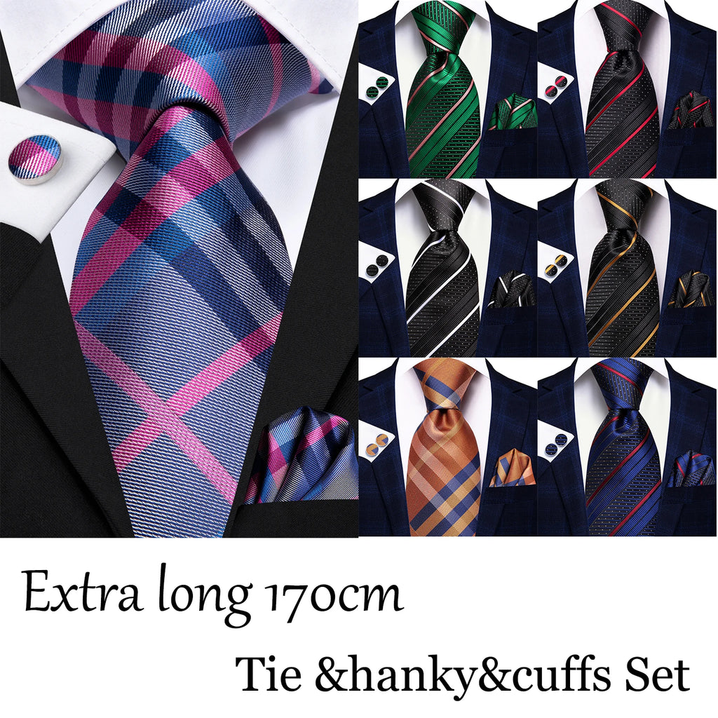 Hi-Tie Men's Striped Silk Necktie Set – Tie, Pocket Square & Cufflinks | Extra Long 170cm