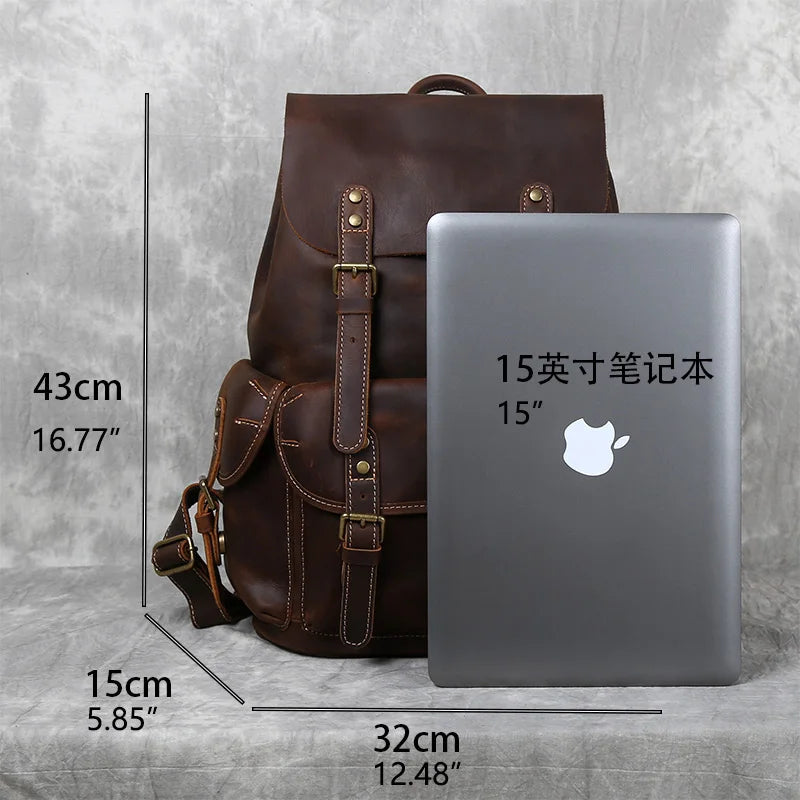 Men's Crazy Horse Leather Backpack – Flap Cover, Magnetic Buckle, Leather-Lined Straps