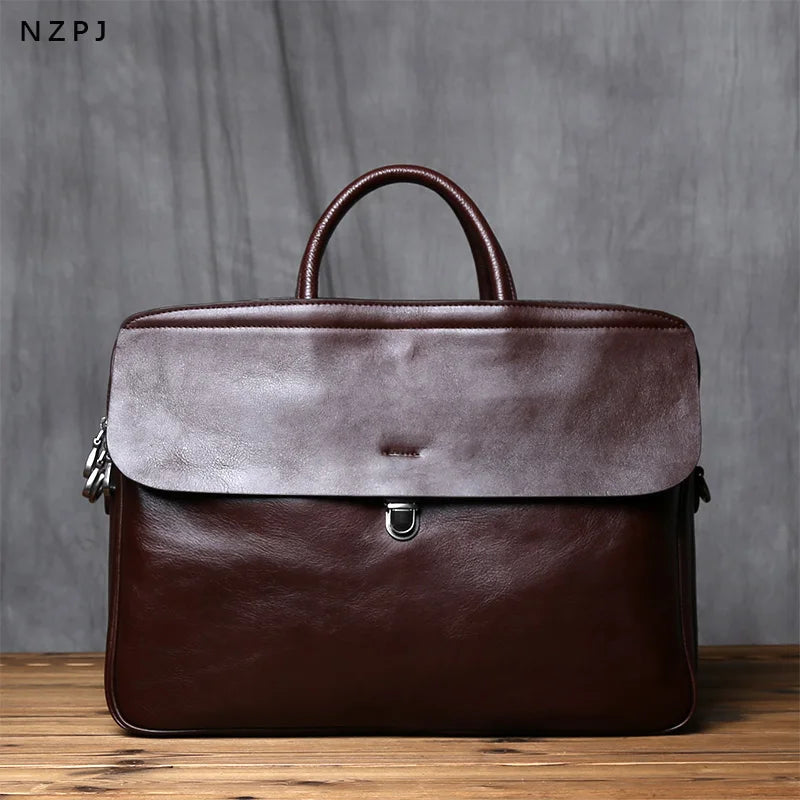 Men's Genuine Leather Briefcase – Vintage Natural Cowhide, 16" Laptop & iPad Compatible