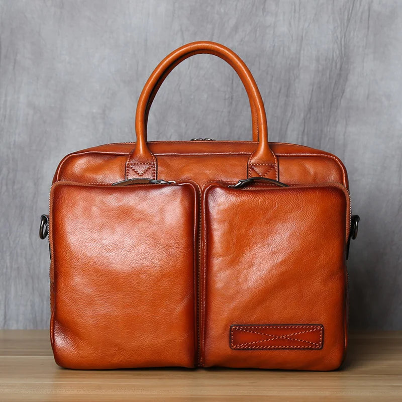 Men's Genuine Leather Briefcase – Retro Cowhide, Back 12" Tablet Pocket, 14" Laptop