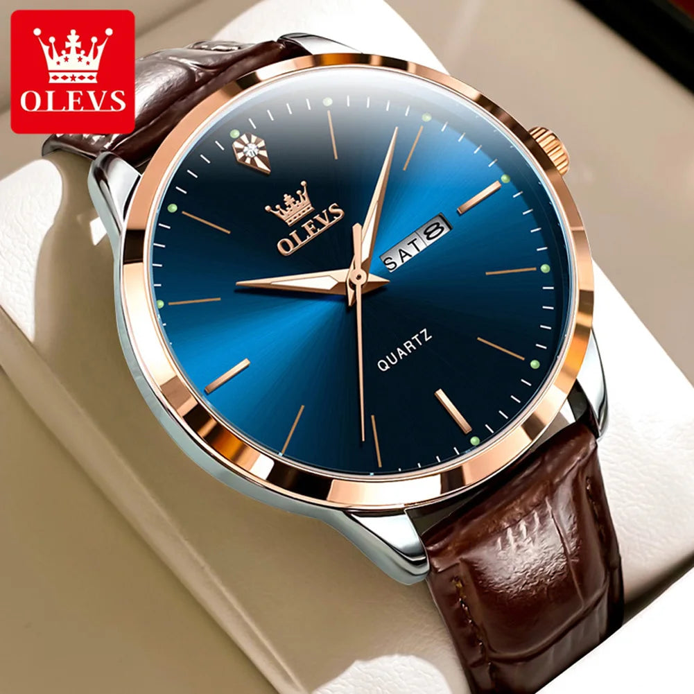 OLEVS Top Original Quartz Watches for Men Simplicity Dual Calendar Large Dial Leather Strap Waterproof Luminous Men's Wristwatch