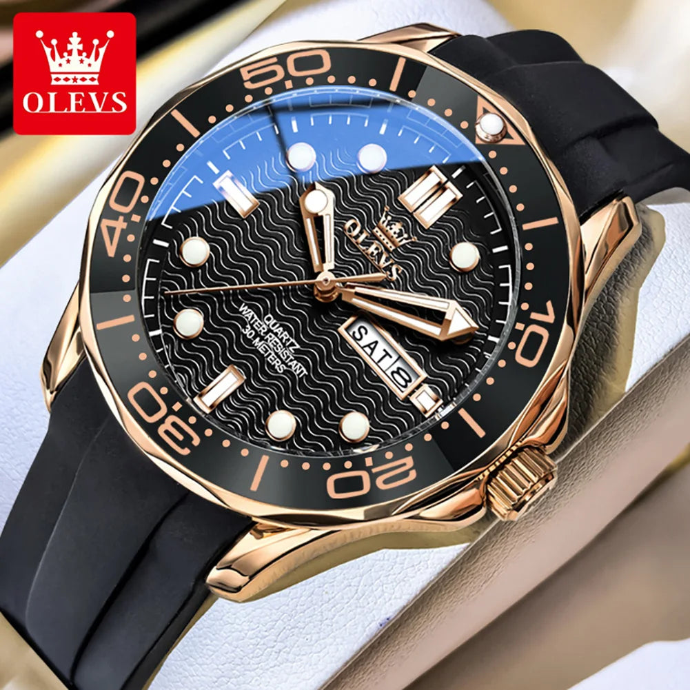 OLEVS Luxury Man Watch Fashion Rotation Bezel Diving Series Original Quartz Wrist Watch for Men Dual Calendar Waterproof Watches