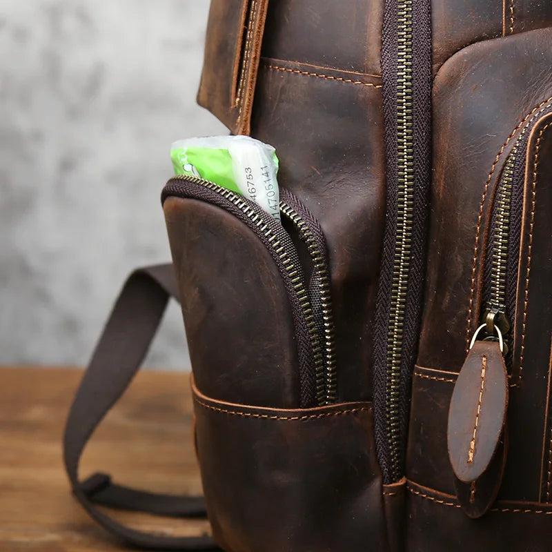 Men's Crazy Horse Leather Backpack – Large Capacity Cowhide, 3 iPad Slots, Travel & Laptop