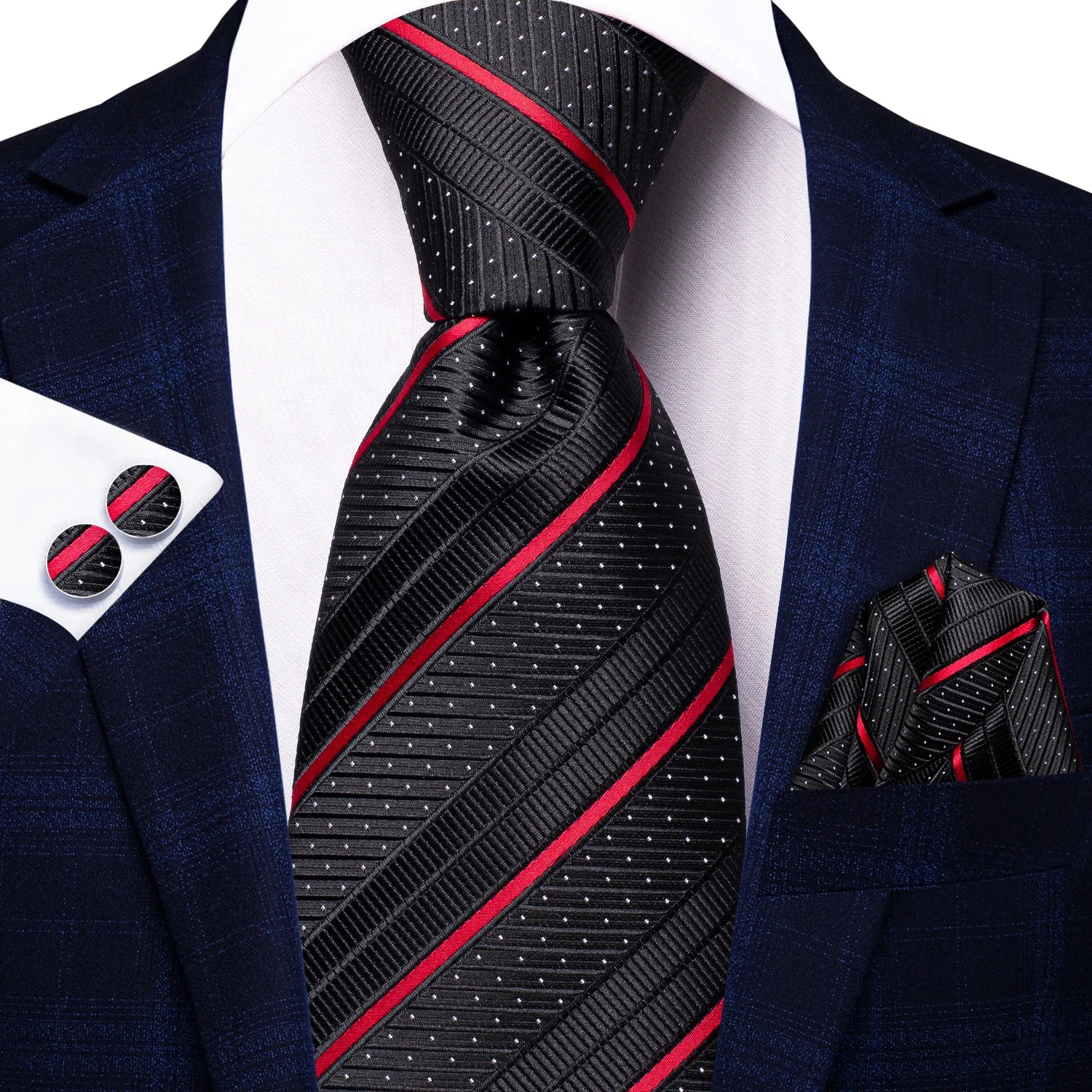 Hi-Tie Men's Striped Silk Necktie Set – Tie, Pocket Square & Cufflinks | Extra Long 170cm