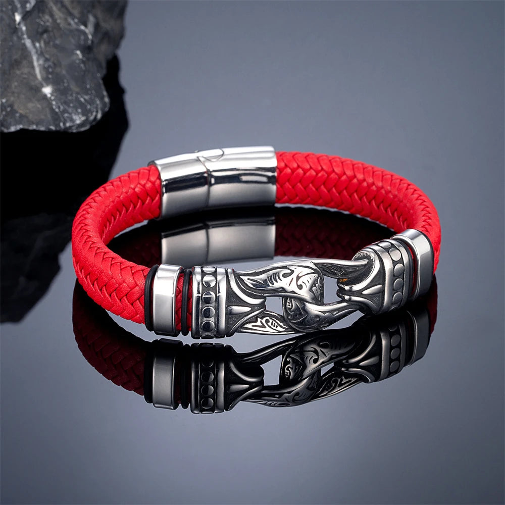 Handmade Leather Weaved Men's Bracelets Stainless Stee Infinity Viking Charm Cuff Bangle Wristband Vintage Jewelry Gift for Dad