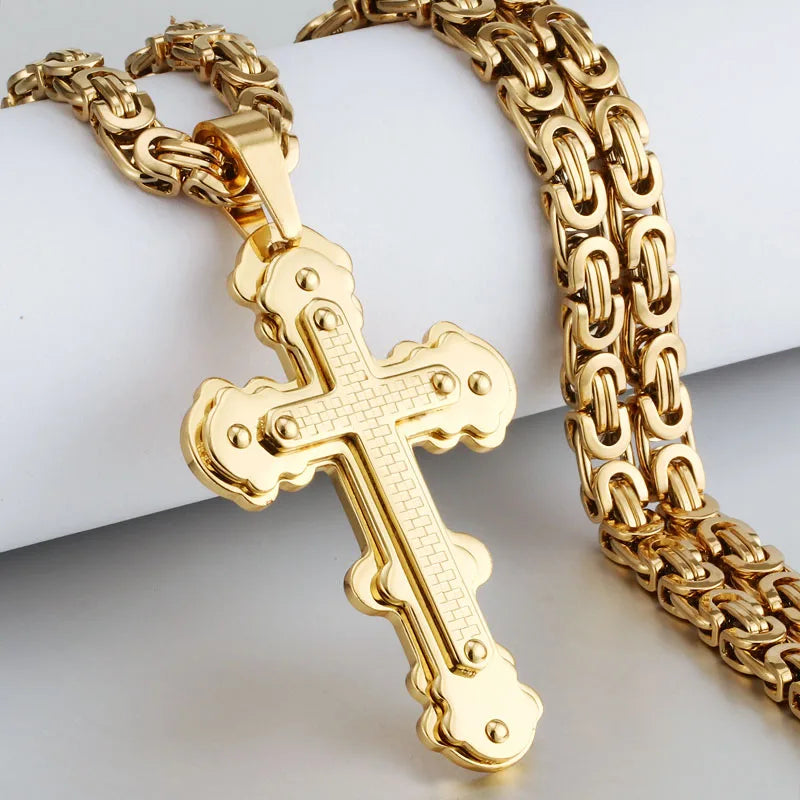 Men's Heavy Crucifix Cross Pendant Necklace – Stainless Steel Byzantine Chain