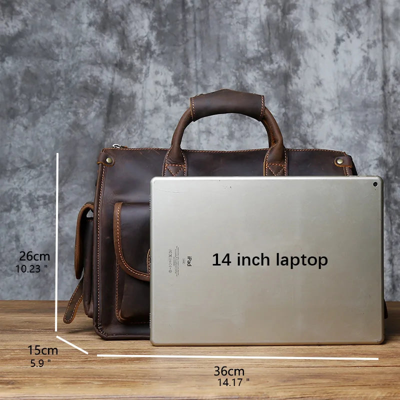 Men's Crazy Horse Leather Briefcase – Vintage Cowhide Satchel, 14" Laptop, Shoulder & Crossbody