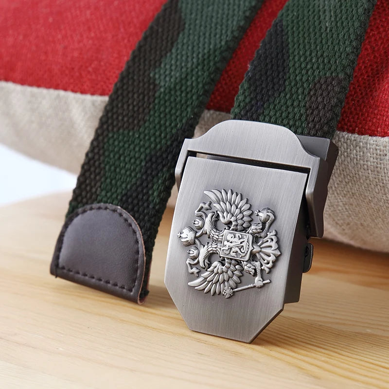 Men's Canvas Military Belt – Russian Emblem Silver Buckle