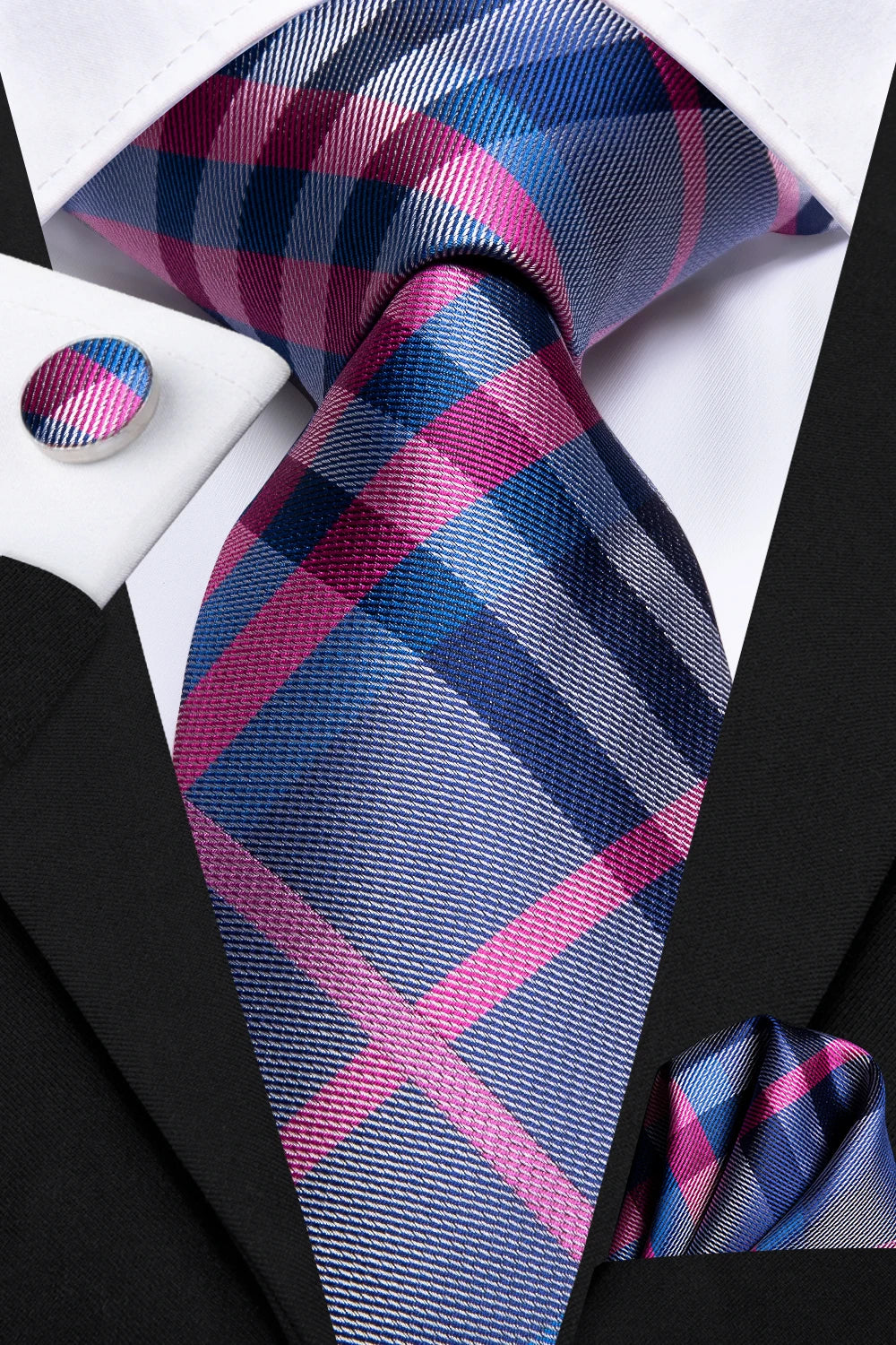 Hi-Tie Men's Striped Silk Necktie Set – Tie, Pocket Square & Cufflinks | Extra Long 170cm
