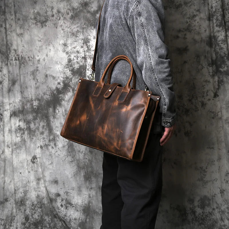 NZPJ Vintage Genuine Leather Men's Briefcase Natural Cowhide Handbag Crazy Horse Leather Computer Bag Casual Crossbody Bag
