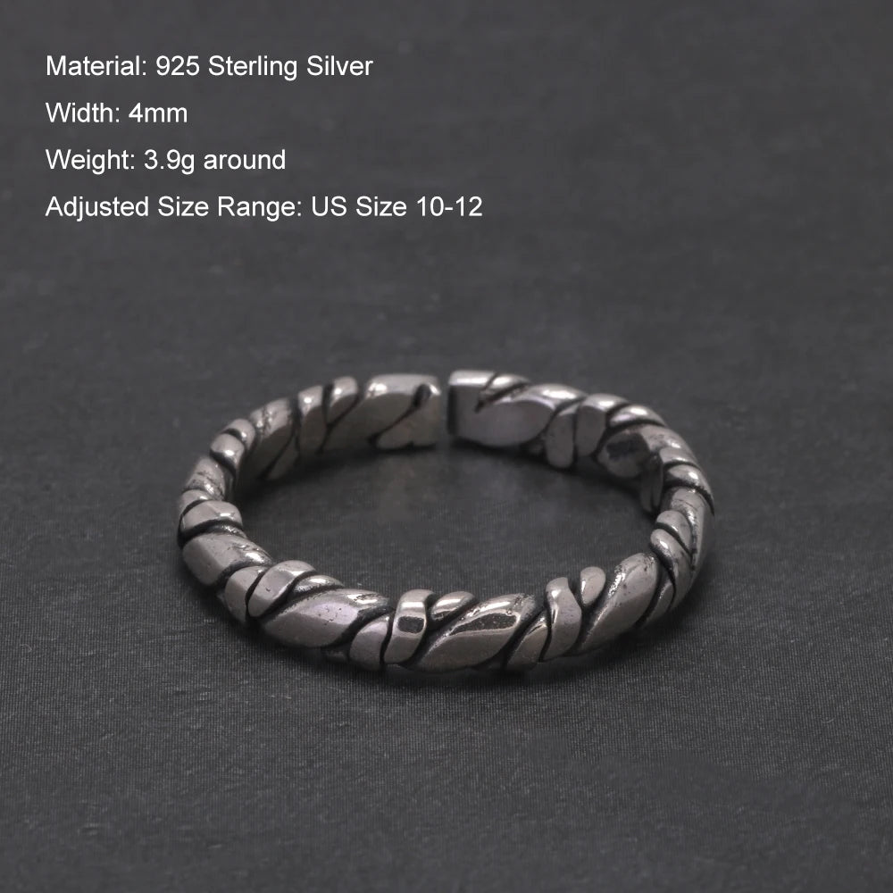 Real 925 Sterling Silver Viking Braided Rope Ring for Men Vintage Oxidized Twisted Adjustable Open Band Jewelry