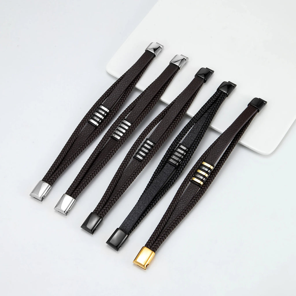European And American Popular Stainless Steel Leather Bracelet Men's Multilayer Woven Leather Bracelet