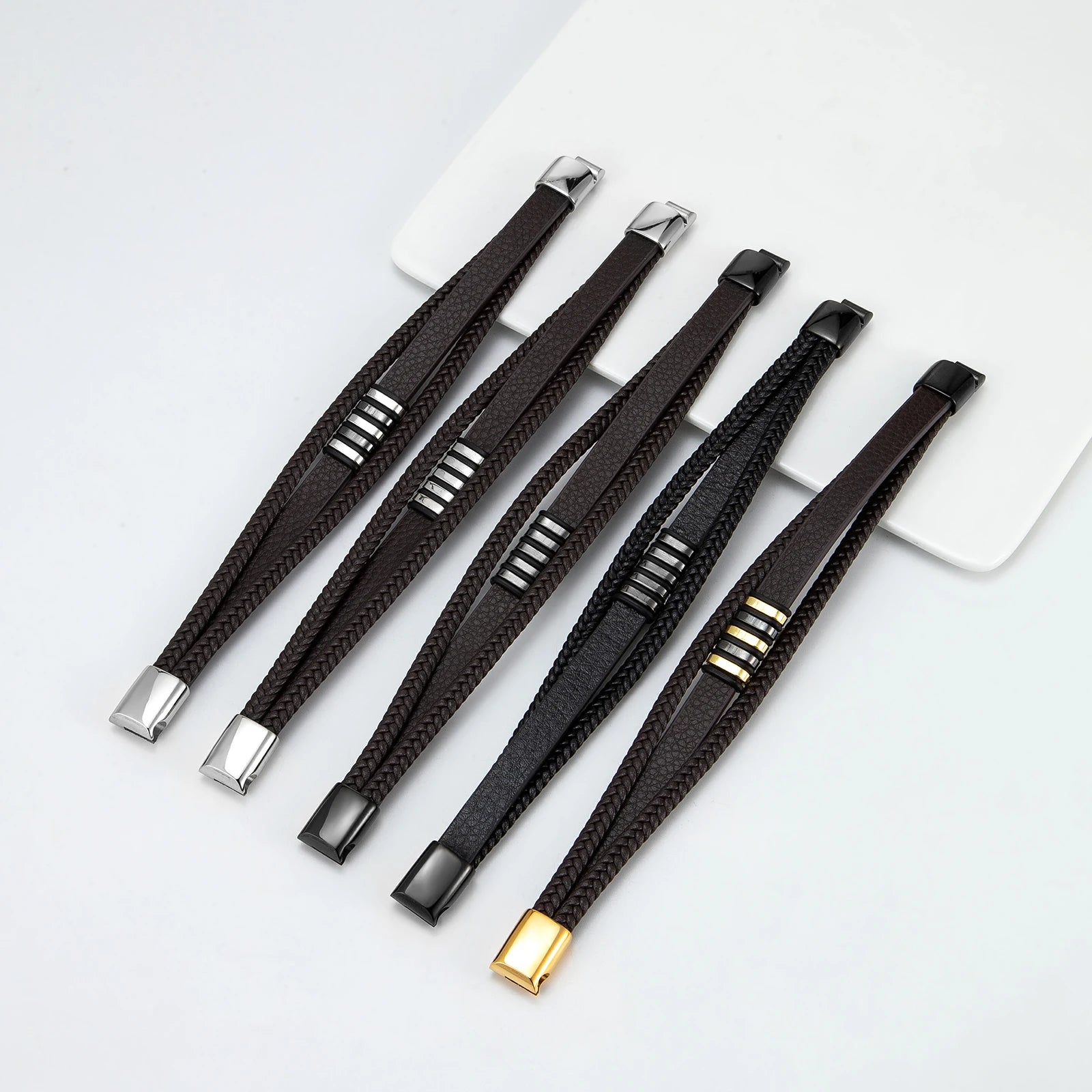 European And American Popular Stainless Steel Leather Bracelet Men's Multilayer Woven Leather Bracelet