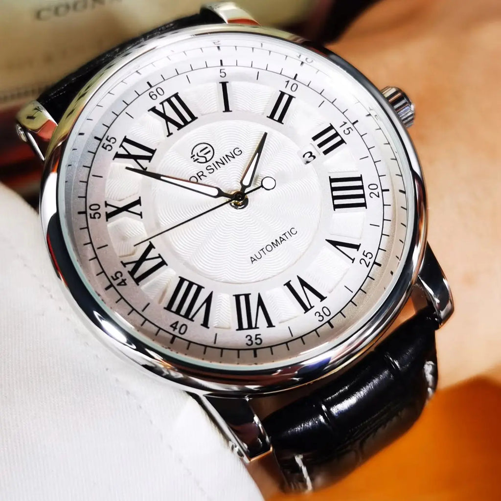 Forsining 279 Automatic Watch – Roman Numeral Dial, Leather Strap, Luminous Hands, Date Display