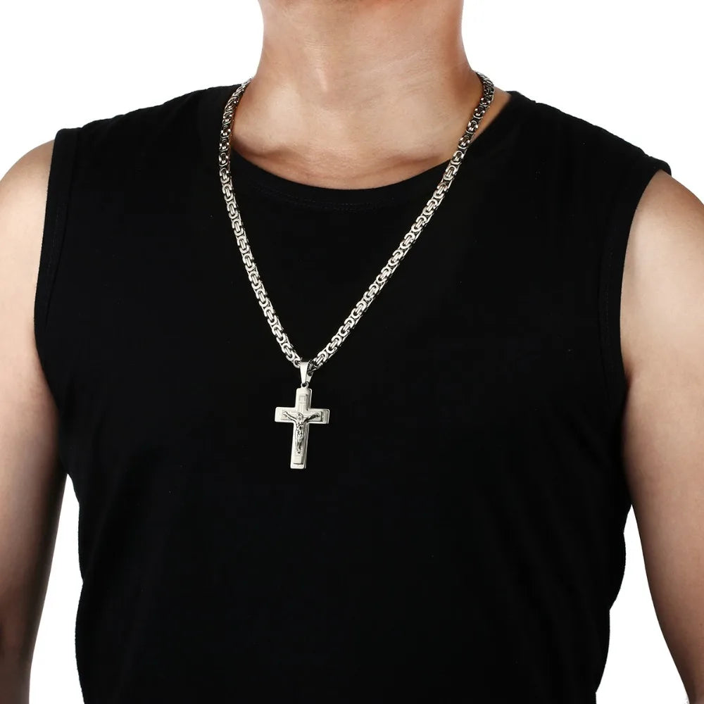 Diyalo Men's Stainless Steel Jesus Christ Holy Crucifix Cross Pendants Necklaces Orthodox Long Chain Necklaces Boys Jewelry