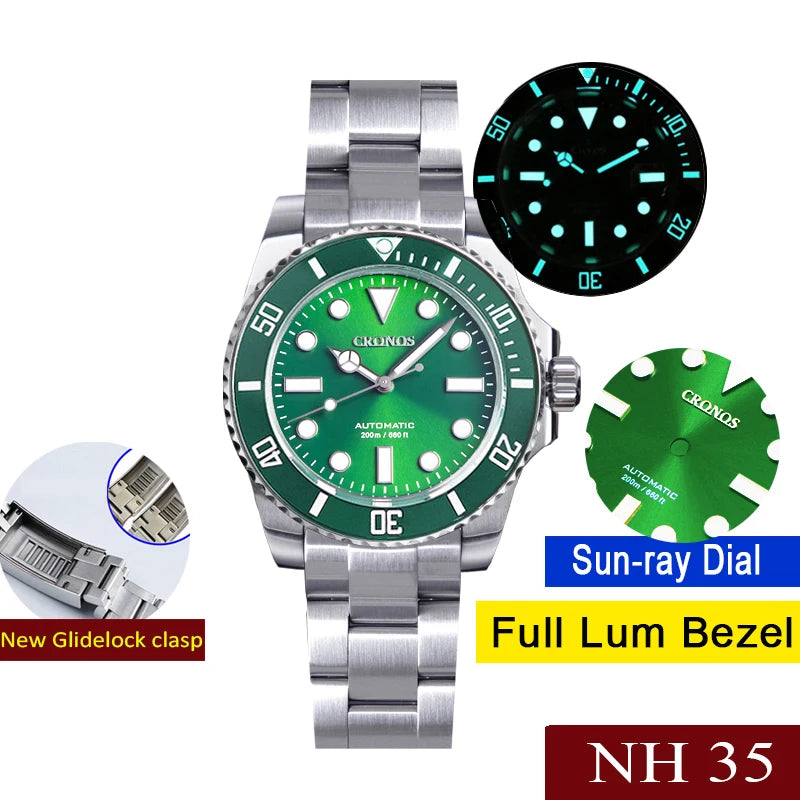 Cronos L6015 40mm Dive Watch – NH35, Ceramic Bezel, BGW9 Lume, 200m, Glidelock Clasp