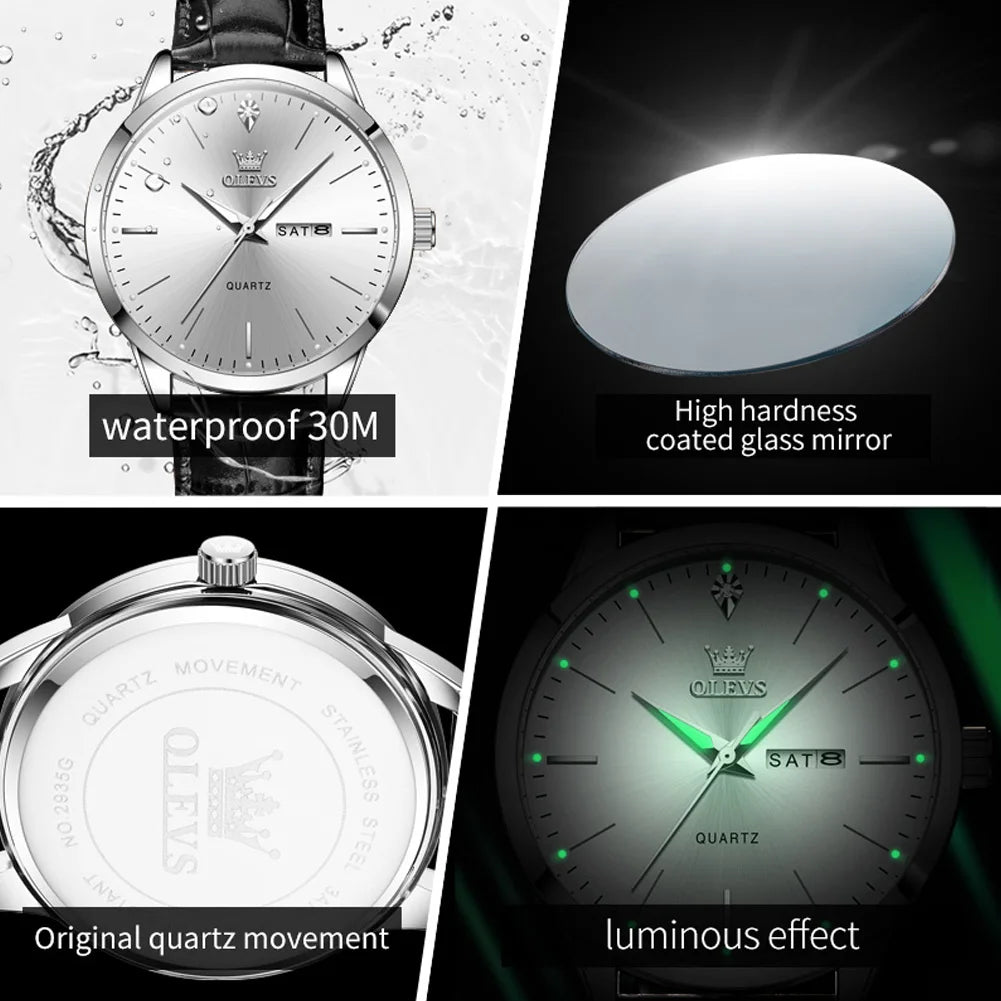 OLEVS Top Original Quartz Watches for Men Simplicity Dual Calendar Large Dial Leather Strap Waterproof Luminous Men's Wristwatch