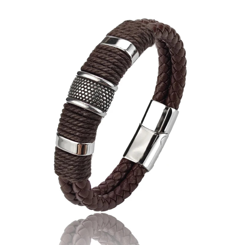 Charm Vintage Multilayer Brown Leather Stainless Steel Men Bracelet Bead Bracelet Jewelry Male Wrist Bangle Christmas Gifts