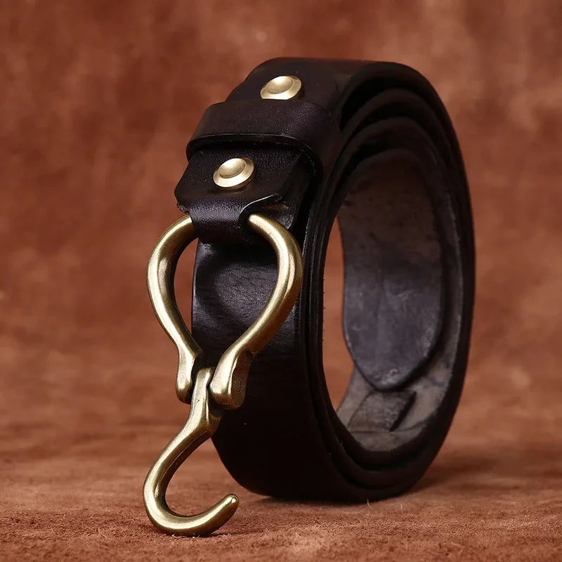 Men's Full Grain Leather Belts for Men Cowhide Male Belt Genuine Leather Copper Hook Buckle Luxury Brand Designer Waist Strap