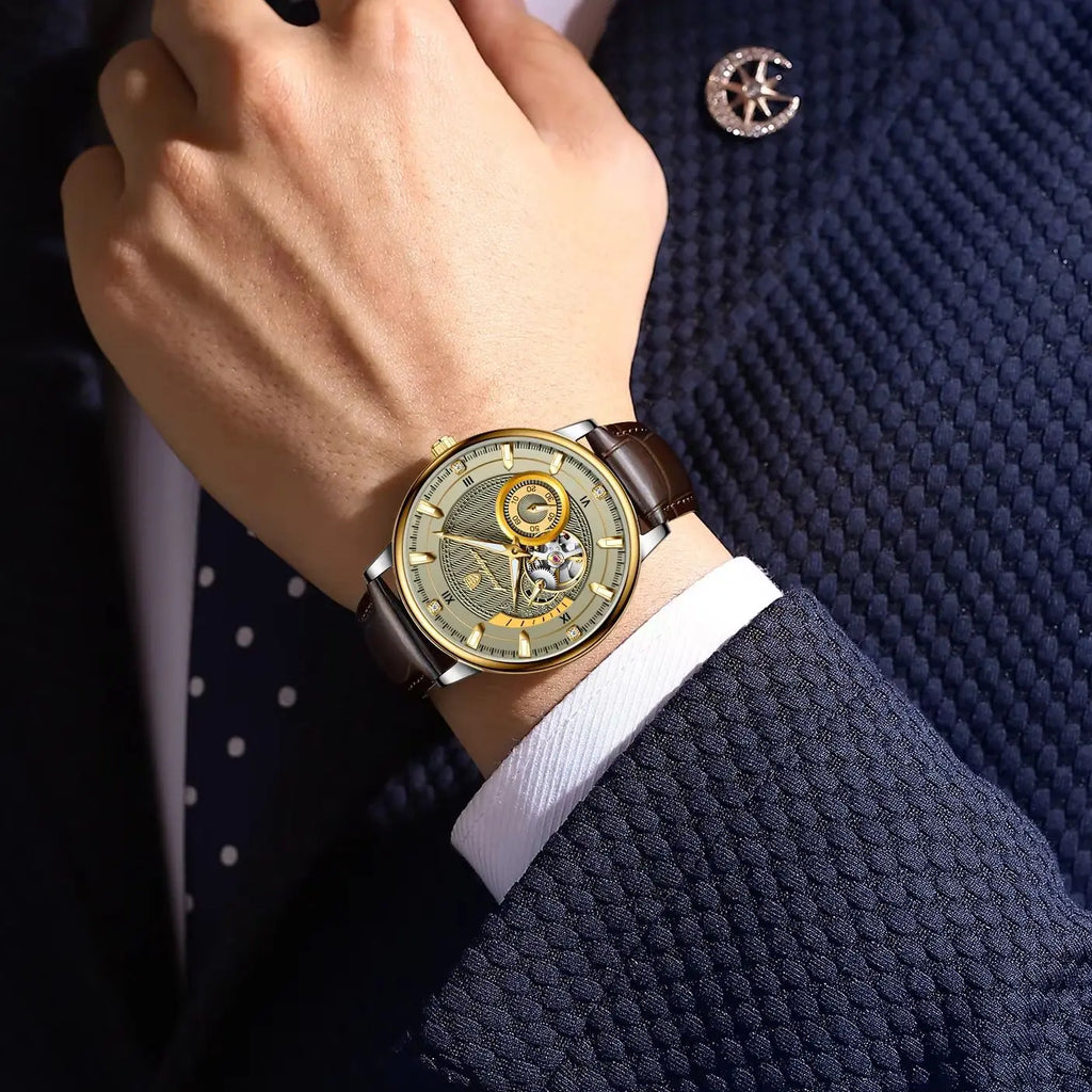 POEDAGAR Business Men Watch Waterproof Luminous Hollow Tourbillon Leather Male Clock Fashion Automatic Mechanical Men's Watches