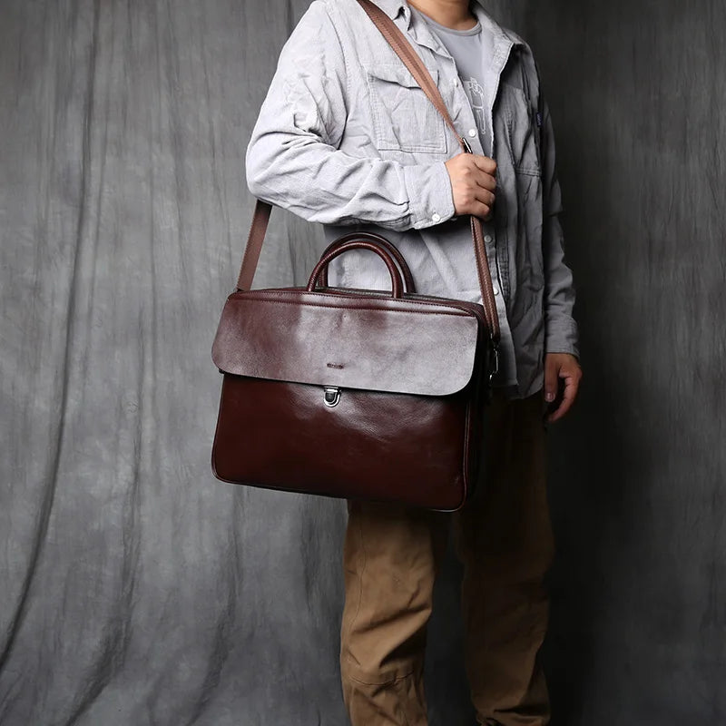 Men's Genuine Leather Briefcase – Vintage Natural Cowhide, 16" Laptop & iPad Compatible