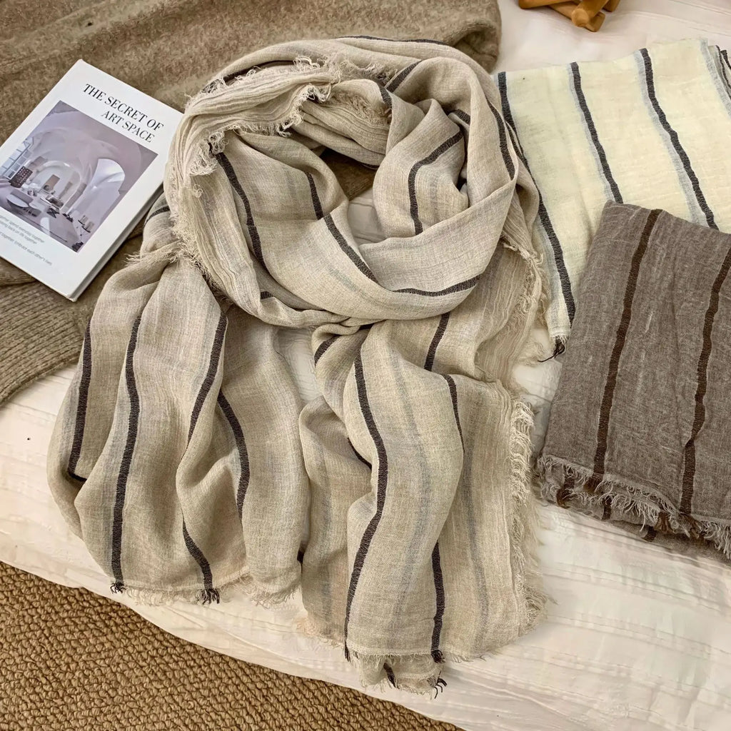 Cotton Linen Striped Scarf – Oversized 200cm, Neutral Tones