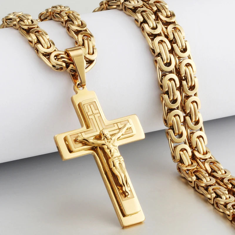 Men's Heavy Crucifix Cross Pendant Necklace – Stainless Steel Byzantine Chain