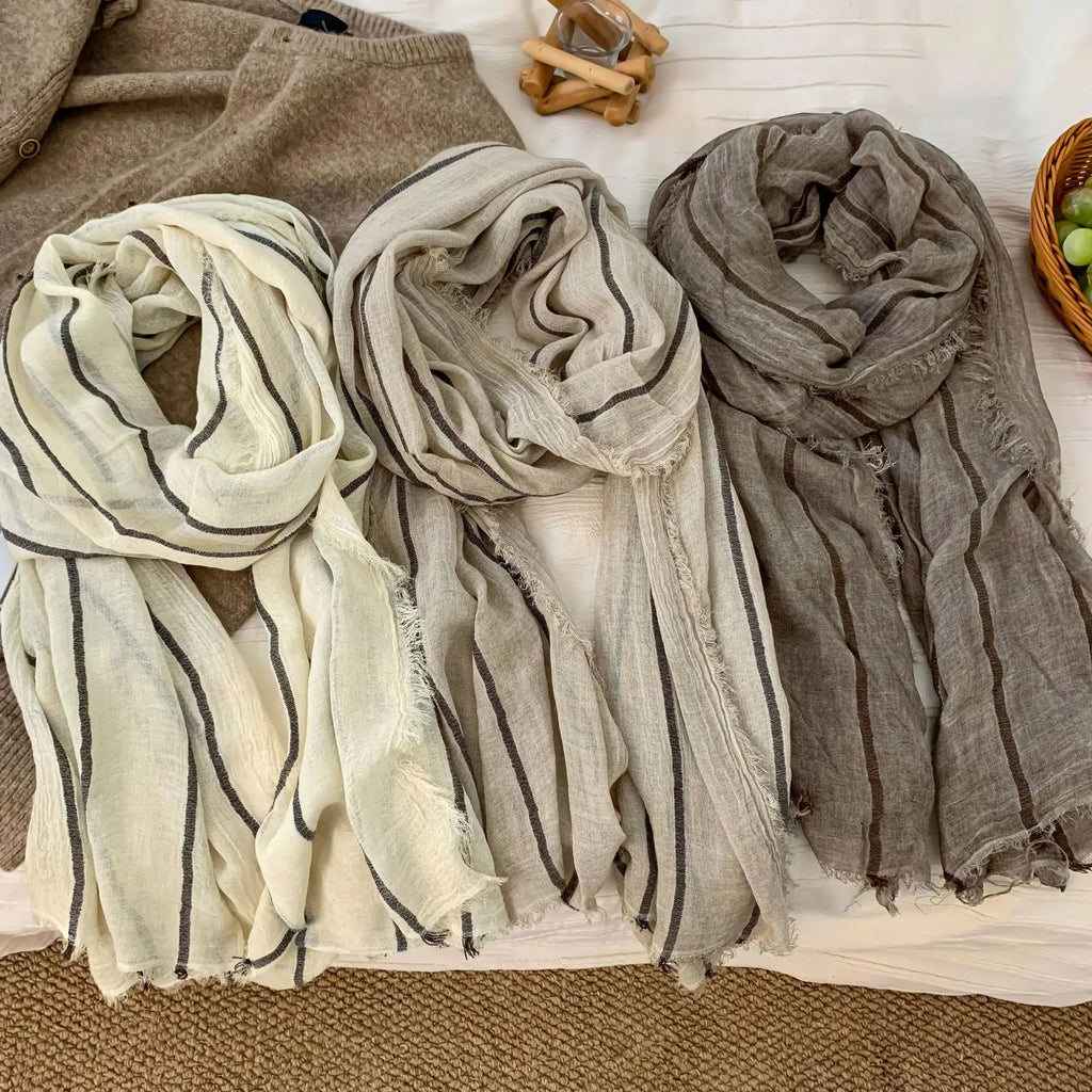 Cotton Linen Striped Scarf – Oversized 200cm, Neutral Tones