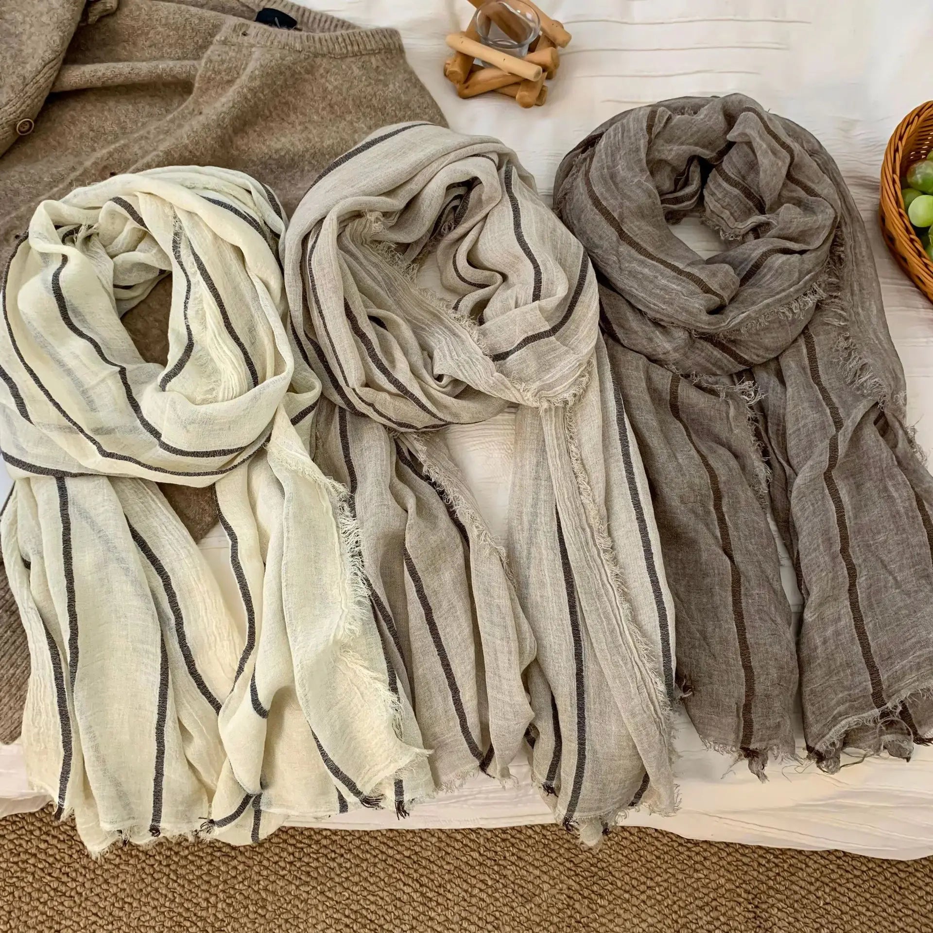 Cotton Linen Striped Scarf – Oversized 200cm, Neutral Tones