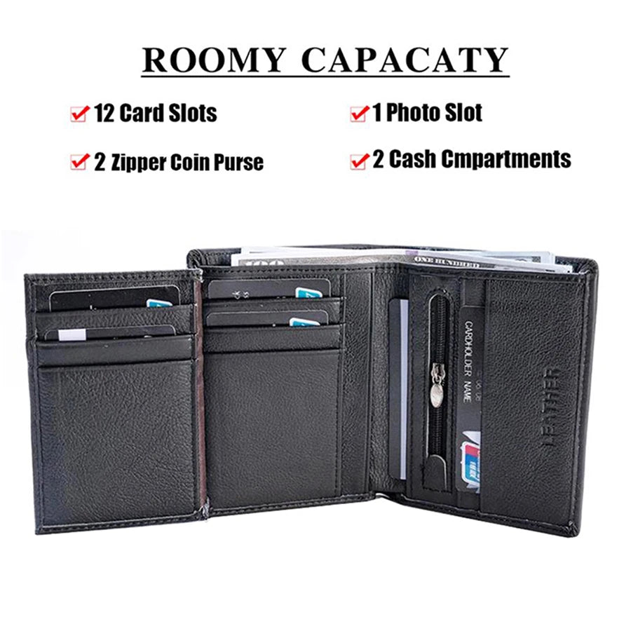 Men's Genuine Leather Zipper Wallet | RFID Blocking | Vertical Bifold