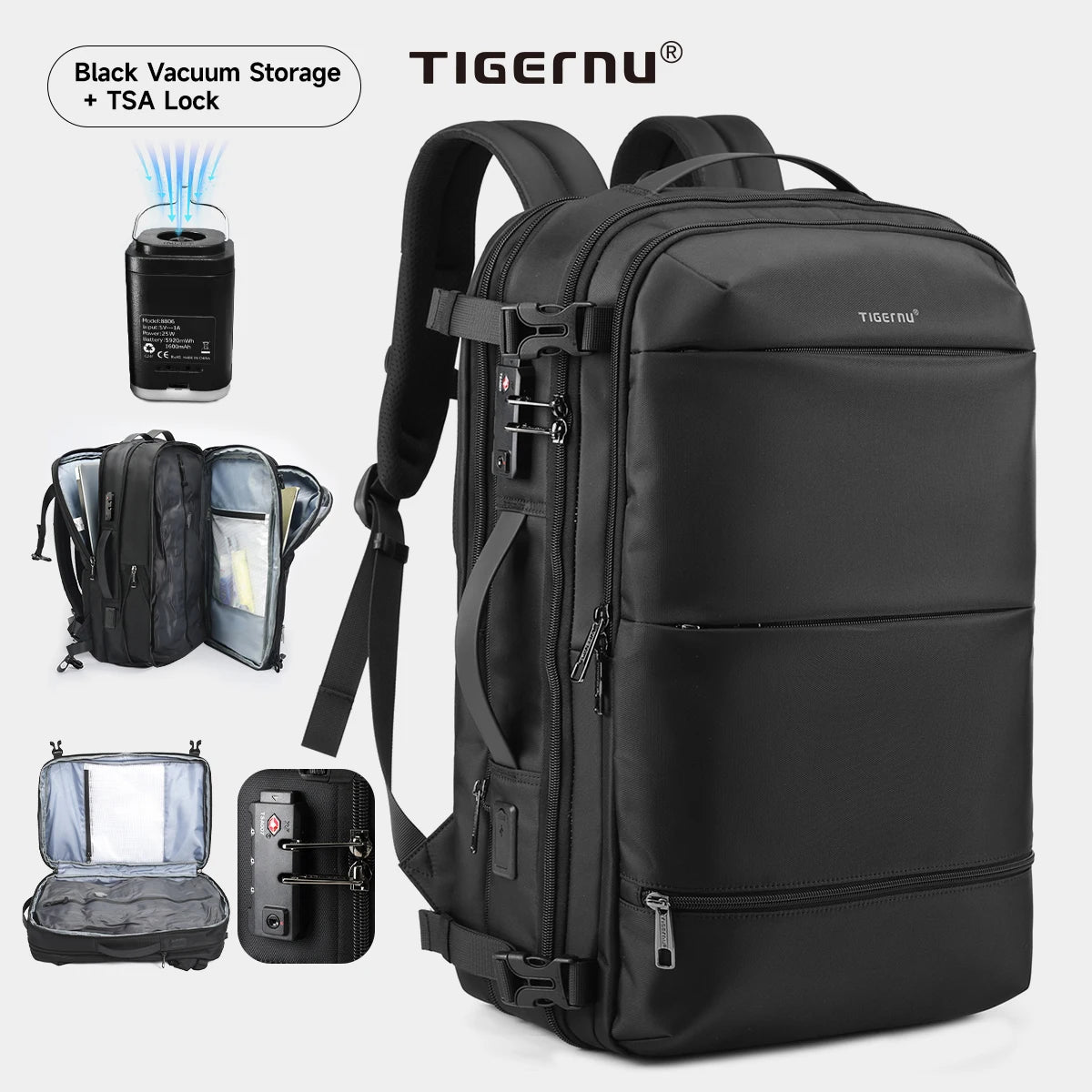 Tigernu Vacuum Compression Backpack – Expandable 27–37L, TSA Lock, USB Charging, 17" Laptop
