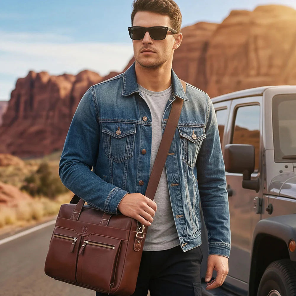 Genuine Leather Briefcase for Men — 14" Laptop Shoulder Bag with Detachable Strap