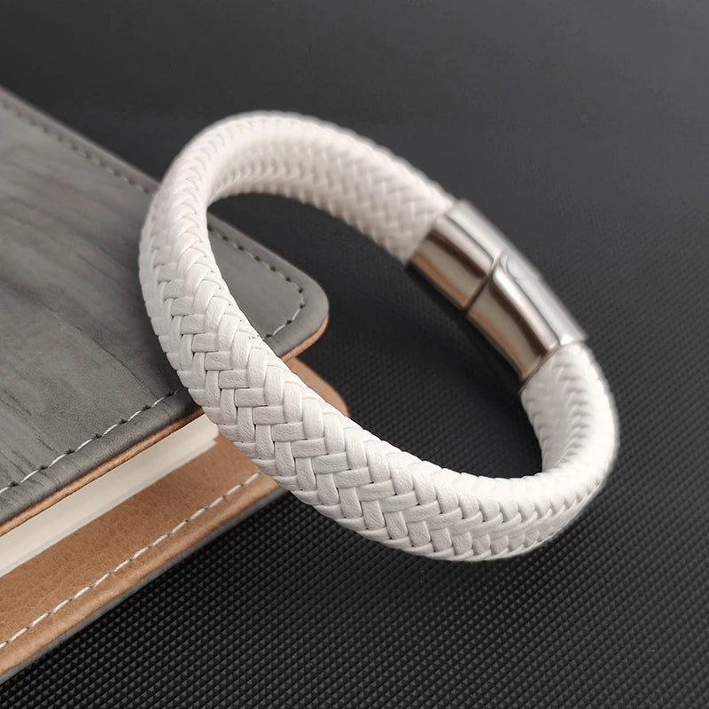 Fashion Simple White Leather Braid Bracelet Stainless Steel Buckle Clasps for Men Handmade Bangle Wholesale Charm Jewelry Gift