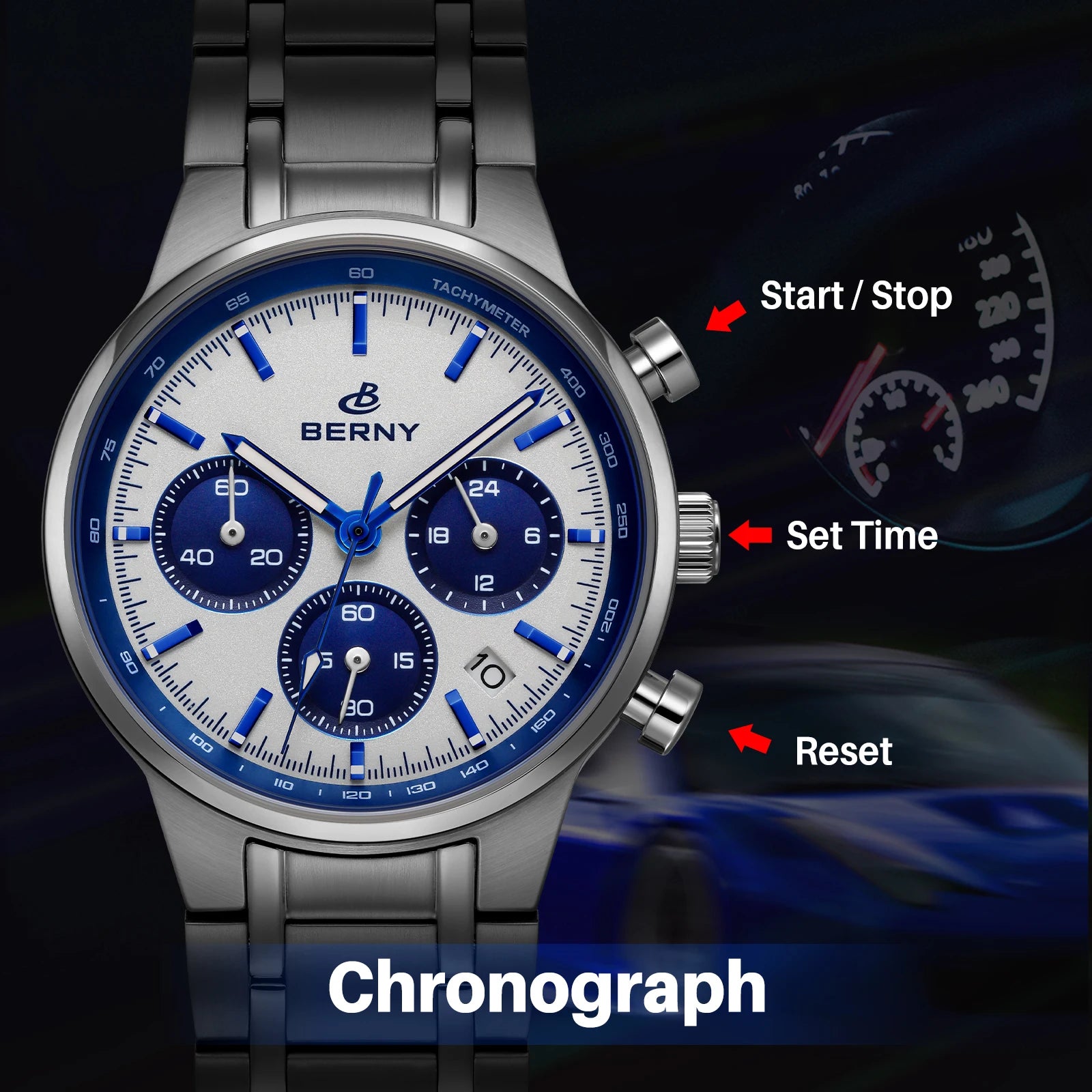 BERNY 2825M Quartz Chronograph Watch – Panda Dial, Sapphire-Coated Crystal, 38mm Stainless Steel