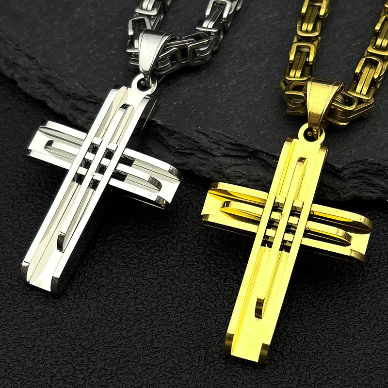 Jesus Christian Cross Pendant Necklaces for Men Stainless Steel Gold Color Hip Hop Chain Necklace Amulet Jewelry collar Gift