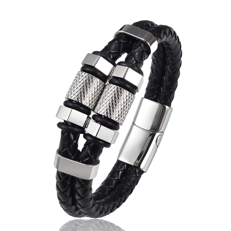 Fashion Luxury Stainless Steel Beaded Hexagon Bracelet Men's Jewelry Classic Multilayer Braided Leather Bracelet Homme Men Gift
