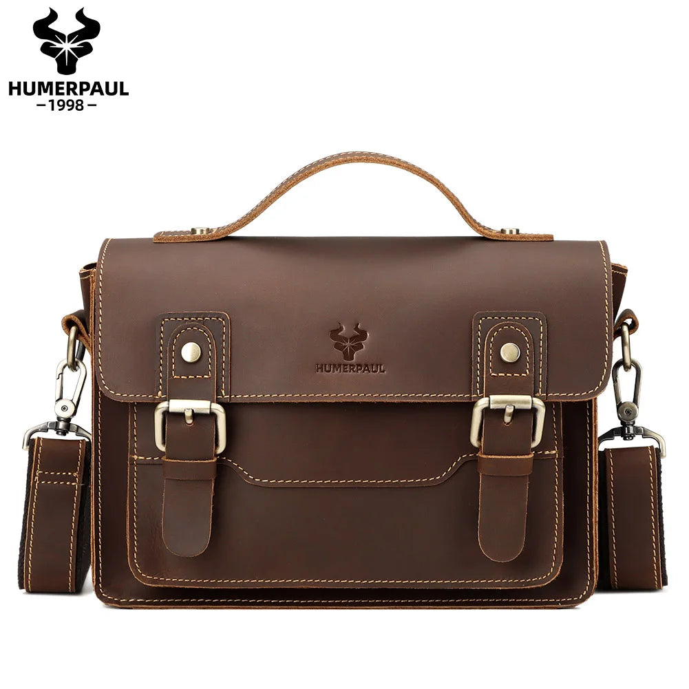 Crazy Horse Leather Messenger Bag for Men — Vintage Large Capacity Crossbody & Business Briefcase