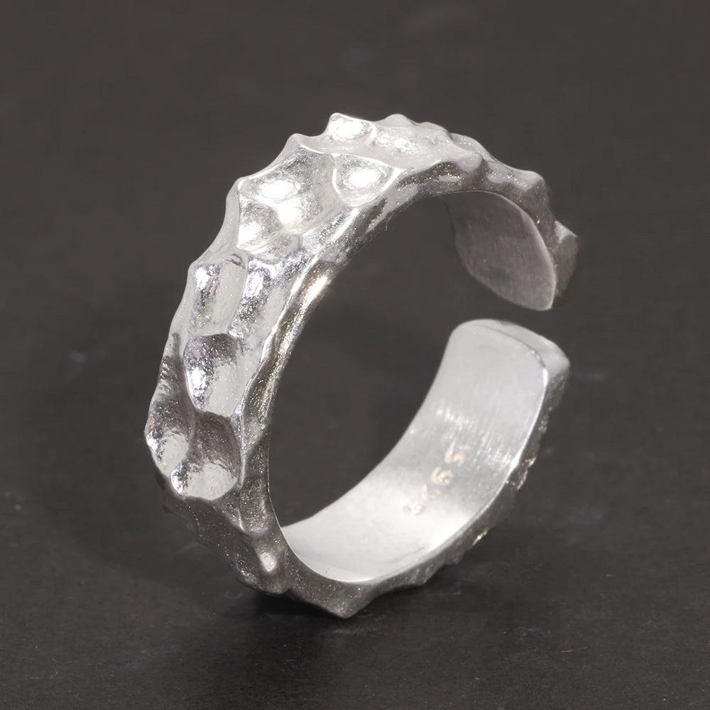 Real 925 Sterling Silver Mens Rings Open Type Hammer Pattern Retro Punk Viking Jewelry Resizable