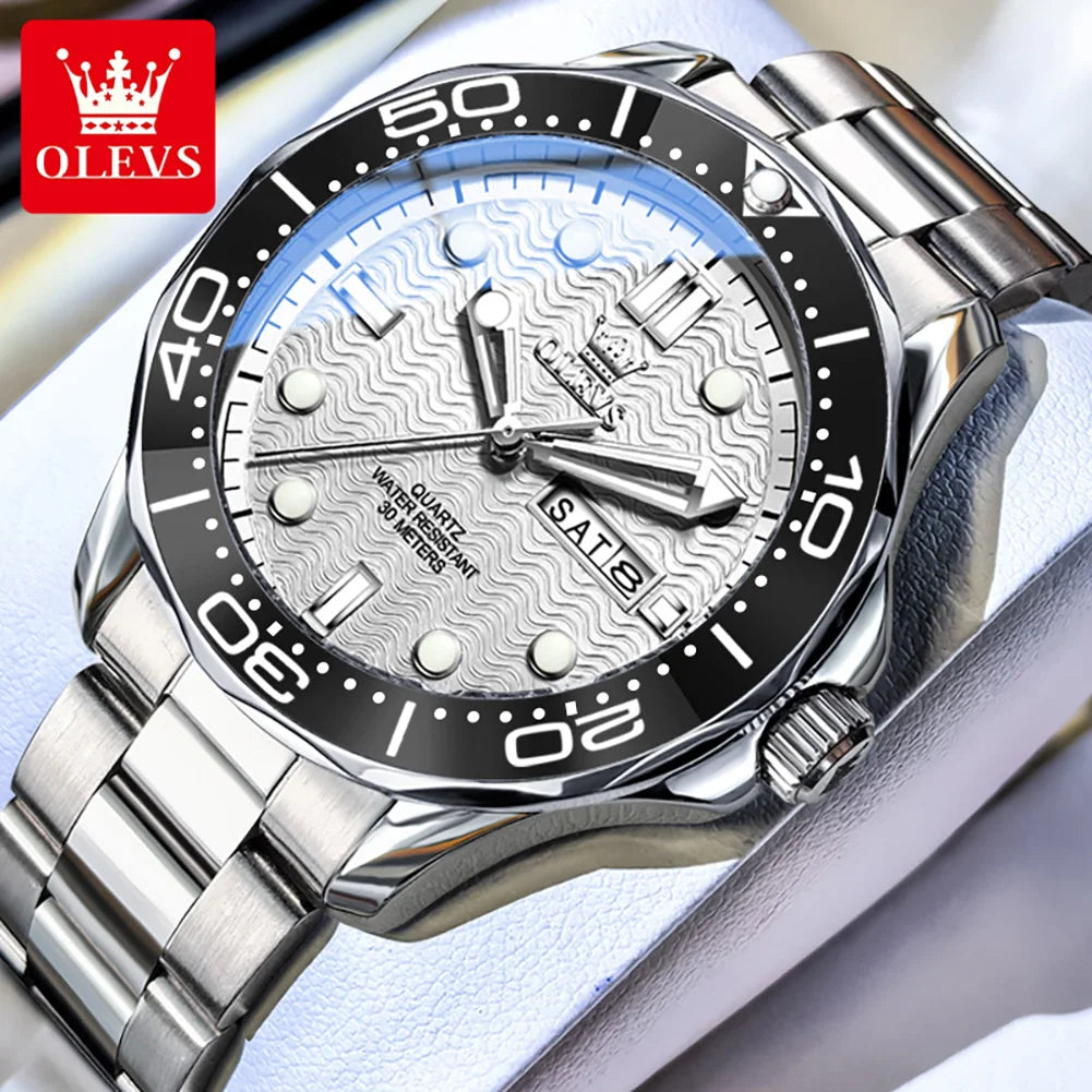 OLEVS Luxury Man Watch Fashion Rotation Bezel Diving Series Original Quartz Wrist Watch for Men Dual Calendar Waterproof Watches