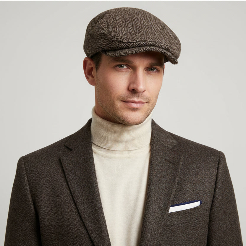 Men's Vintage Herringbone Beret – Adjustable Retro Flat Cap with Visor