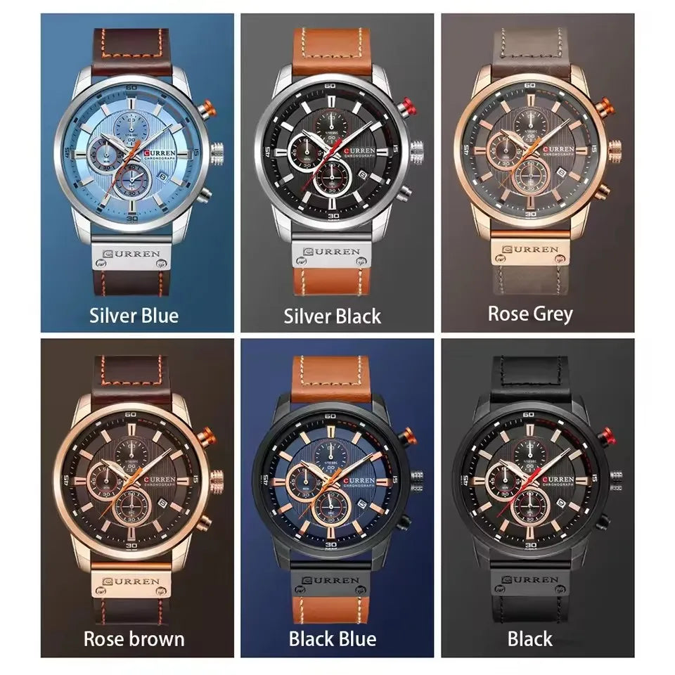 CURREN 8291 Chronograph Sport Watch | Quartz | Luminous | Leather Strap | Date