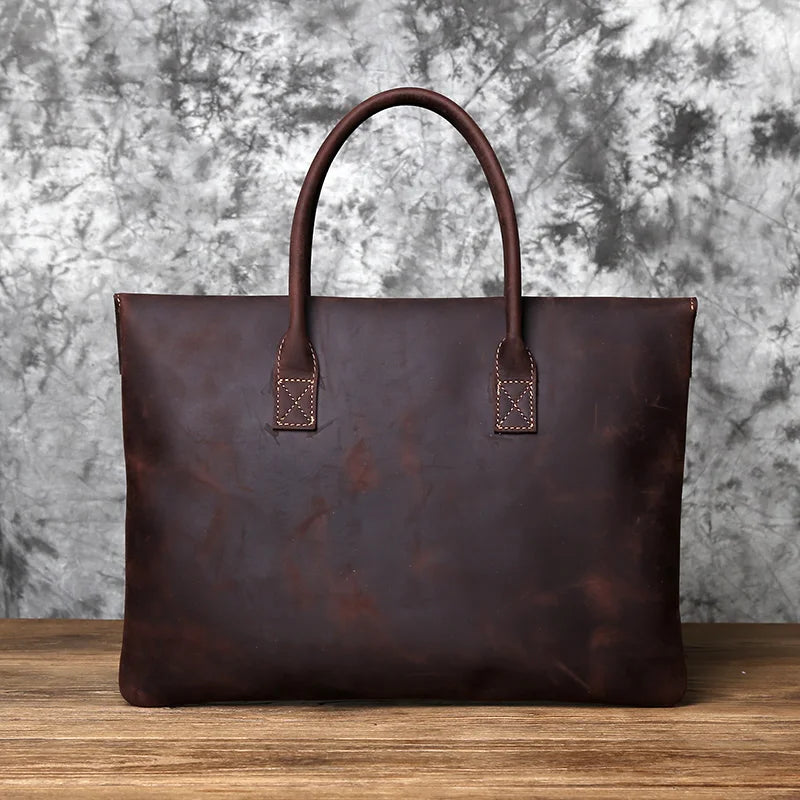Men's Crazy Horse Leather Clutch Briefcase – Slim Cowhide, Two Sizes, 15" or 16" Laptop