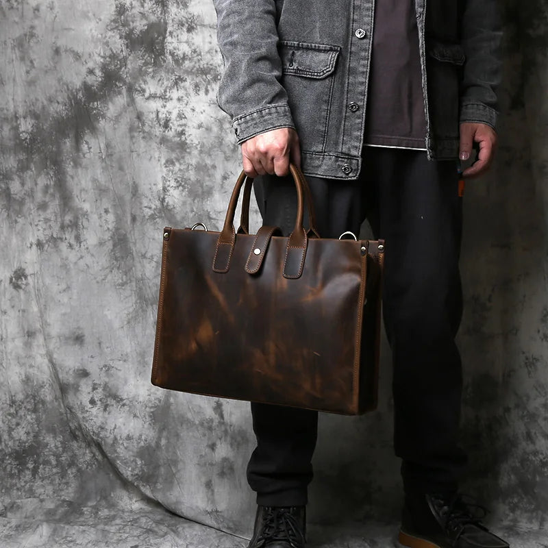 NZPJ Vintage Genuine Leather Men's Briefcase Natural Cowhide Handbag Crazy Horse Leather Computer Bag Casual Crossbody Bag