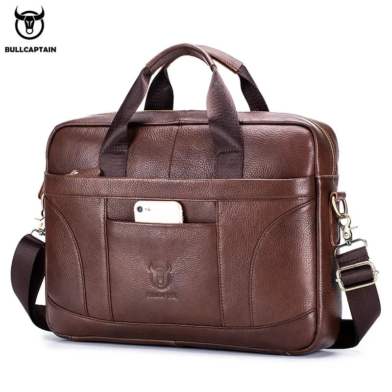 BULLCAPTAIN Genuine Leather Briefcase | 14" Laptop Bag with Detachable Shoulder Strap
