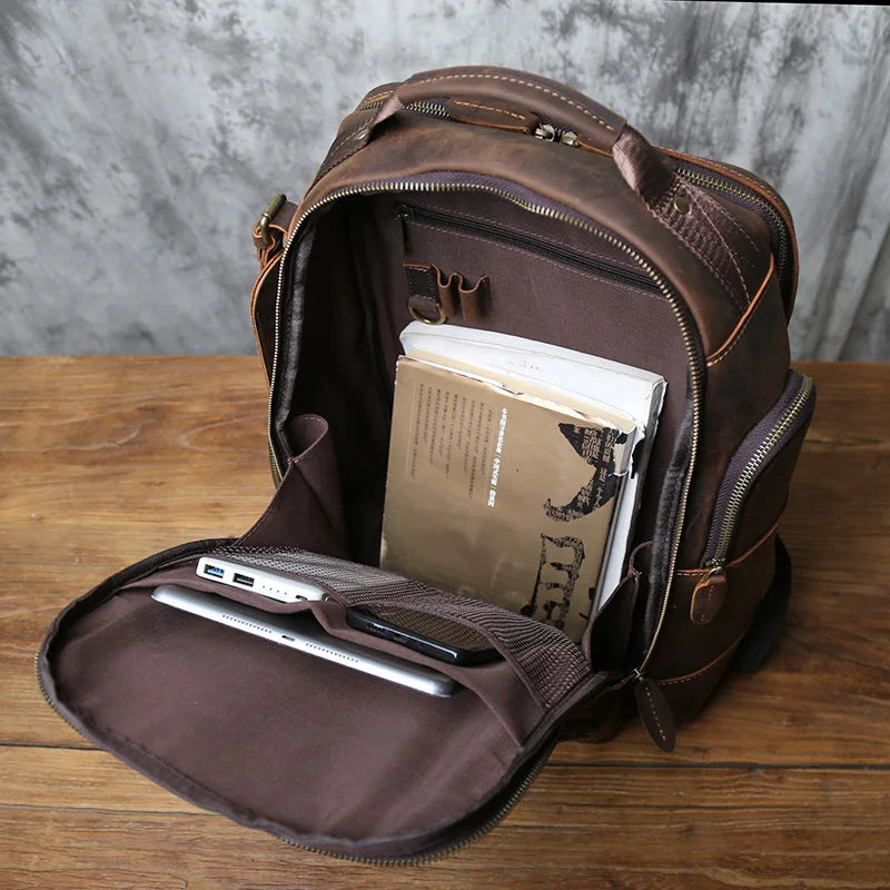 Men's Crazy Horse Leather Backpack – Large Capacity Cowhide, 3 iPad Slots, Travel & Laptop