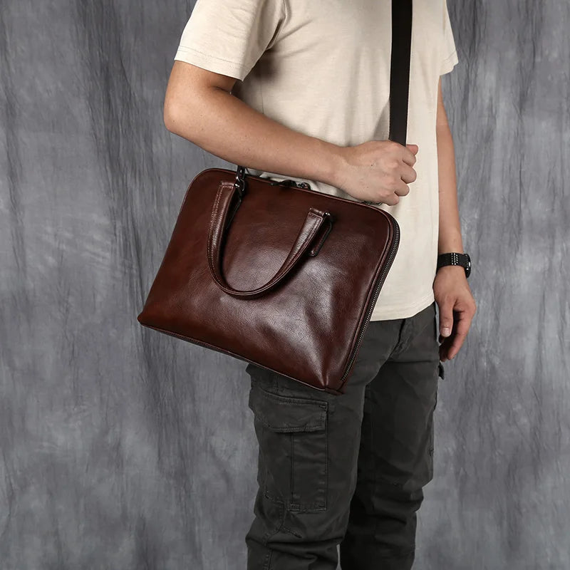 Men's Genuine Leather Briefcase – Slim Vintage Cowhide, Double Zipper, 14" Laptop, 1kg