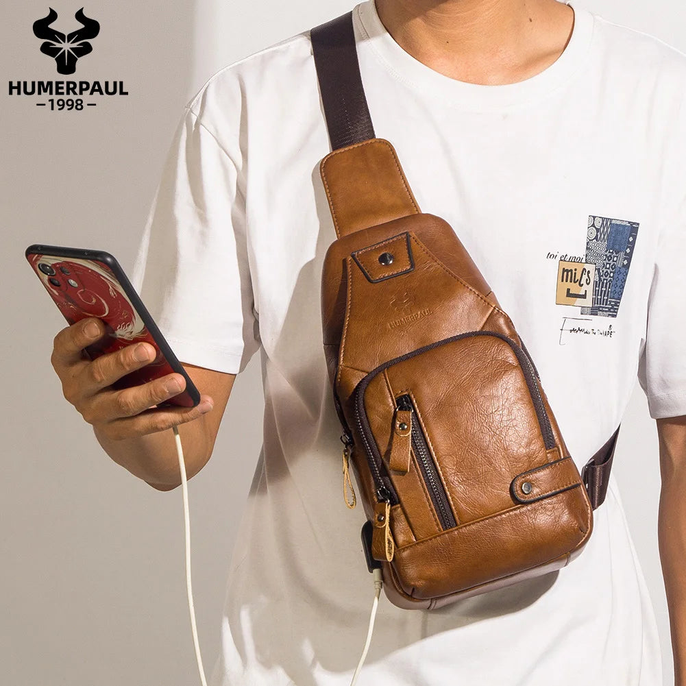 Genuine Leather Chest Bag for Men — USB Charging Crossbody & Shoulder Pack