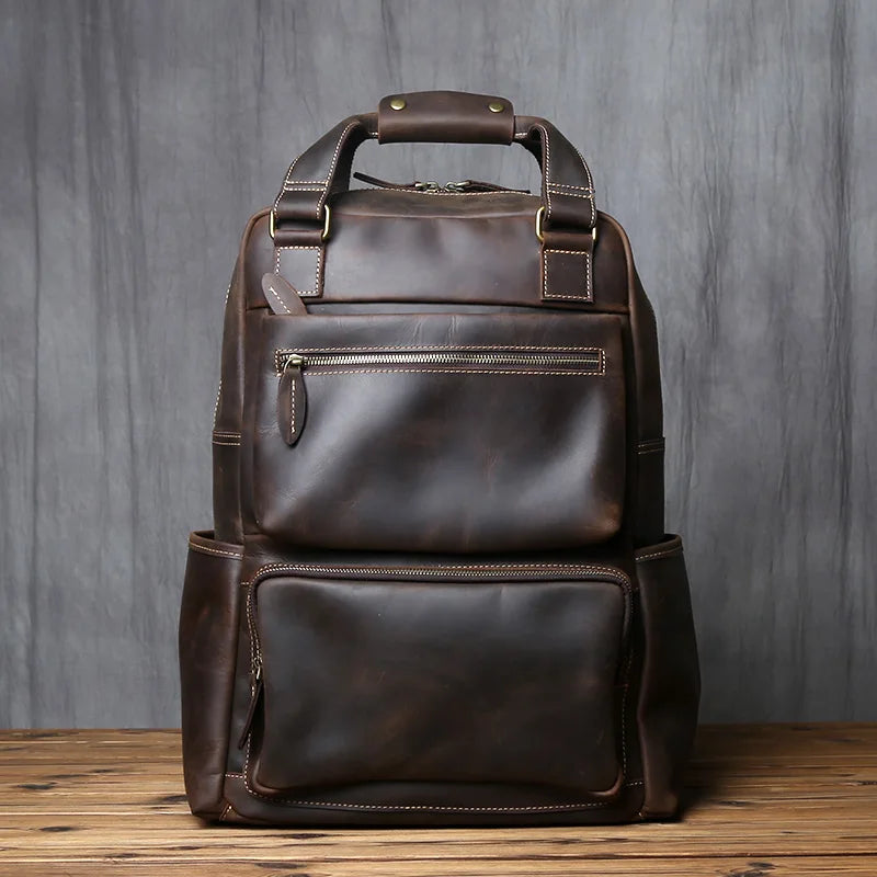 Men's Crazy Horse Leather Backpack – Retro Top-Layer Cowhide, 17" Laptop, Large Capacity