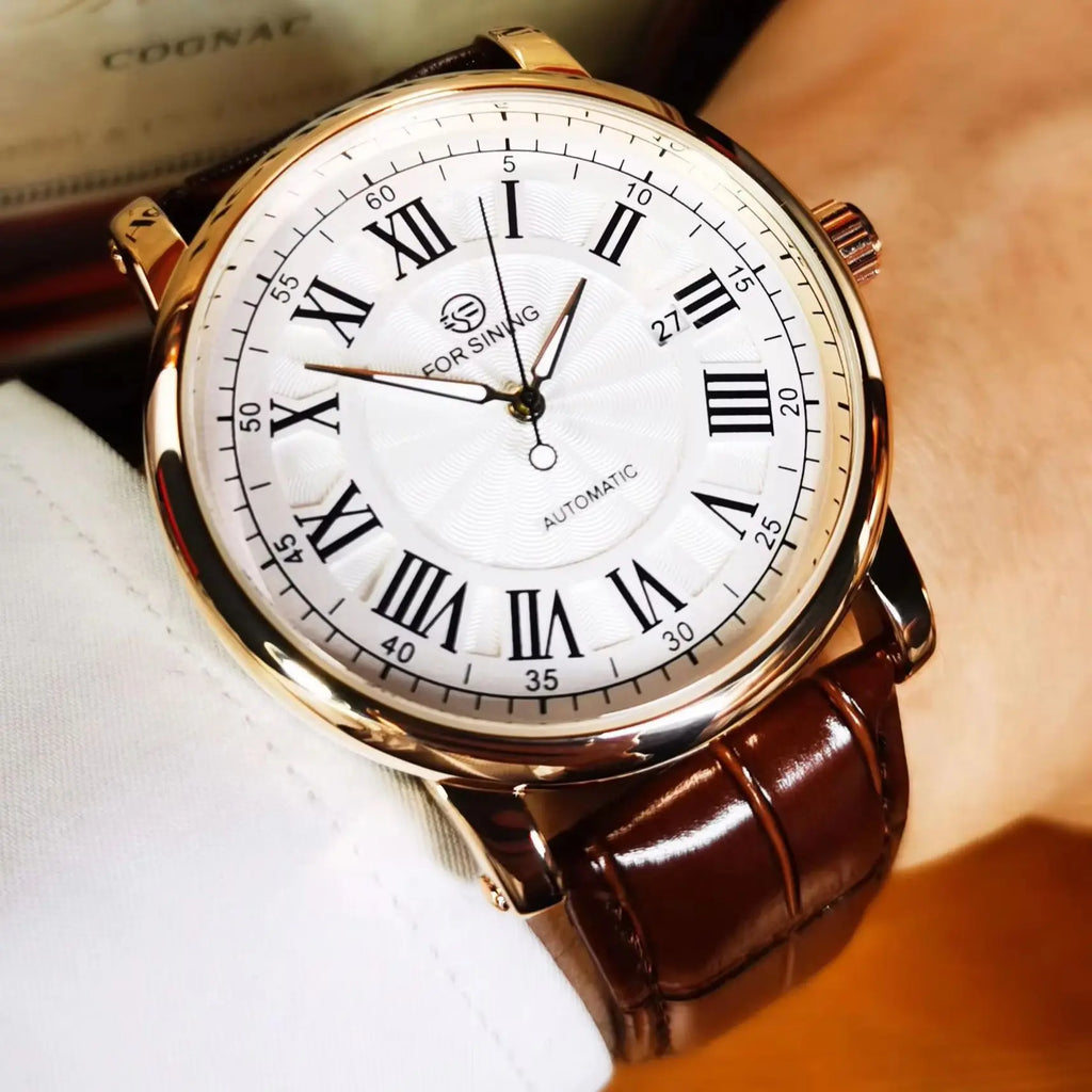 Forsining 279 Automatic Watch – Roman Numeral Dial, Leather Strap, Luminous Hands, Date Display